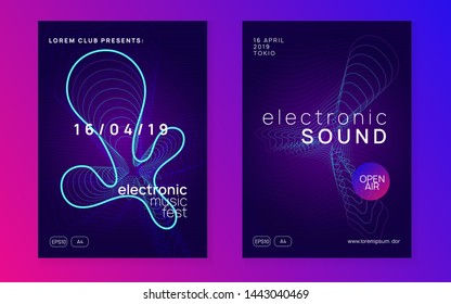 Night music. Dynamic fluid shape and line. Minimal concert magazine set. Night music flyer. Electro dance dj. Electronic sound fest. Techno trance party. Club event poster.