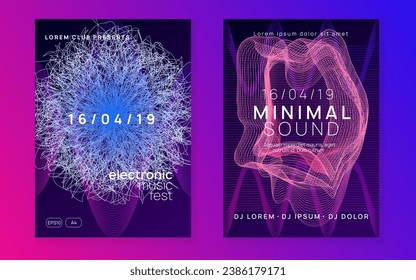 Música nocturna. Forma dinámica de fluido y línea. Invitación a conciertos comerciales. Volante de música nocturna. Dj de baile de Electro. Festival de sonido electrónico. Fiesta Techno trance. Afiche del evento en el club. 