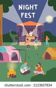 Night music festival with campground and people dancing and relaxing by the fire, poster flat vector illustration. Open air invitation flyer. Concept of summer outdoor recreation.