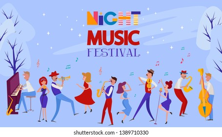 Night music festival poster with  jazz musicians and musical instruments. Editable vector illustration