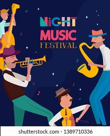 Night music festival poster with  jazz musicians and musical instruments. Editable vector illustration