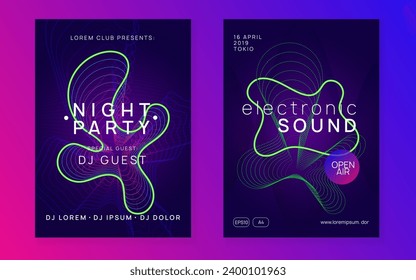 Night music. Minimal concert invitation set. Dynamic fluid shape and line. Night music flyer. Electro dance dj. Electronic sound fest. Techno trance party. Club event poster. 