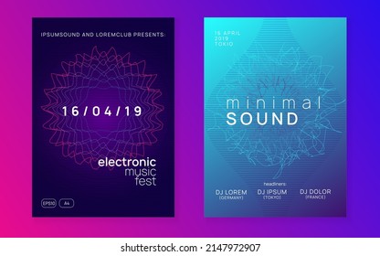 Night music. Minimal discotheque invitation set. Dynamic fluid shape and line. Night music flyer. Electro dance dj. Electronic sound fest. Techno trance party. Club event poster. 