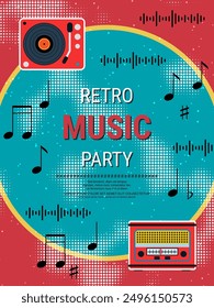 Night music party, dance club, music festival retro style flyer, poster, booklet, invitation card vector design template