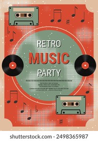 Night music party, dance club, music festival retro style flyer, poster, booklet, invitation card vector design template