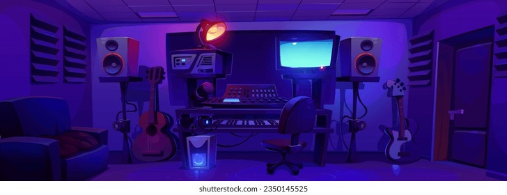 Viñeta de estudio de grabación de música nocturna caricatura de fondo interior ilustración. Equipo de producción de radio en habitación oscura con luz brillante. Sintetizador profesional, guitarra y altavoz en estación de trabajo oscura