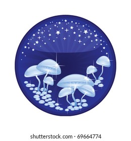 Night mysterious glittering background. Magic mushrooms. Blue. Isolated.