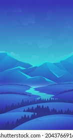 Night mysterious landscape. Fields with river on majestic mountains background.