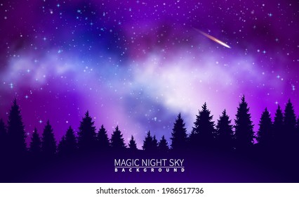 Night mystical, magical sky. Milky Way, falling comet. Black silhouettes of trees. Bright colorful space. Space background with stars. Abstract vector illustration.