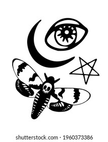Night mystical set. Butterfly dead head, crescent moon, star and eye. drawn by hand in the style of doodle. Vector stock illustration.