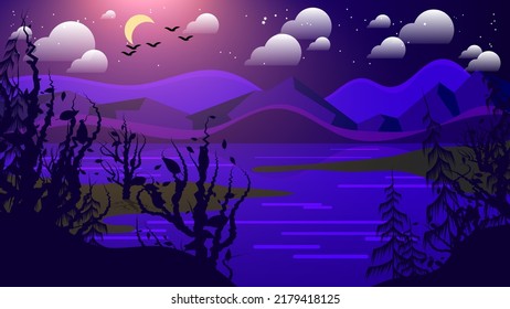 Night natural landscape. Lake among the shores with trees against the backdrop of hills, forests, night sky with moon, stars, clouds, flying birds. Vector.