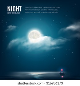 Night Nature Background, Cloudy Sky With Stars, Moon And Calm Sea With Beacon. Vector Illustration