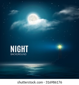 Night nature cloudy sky with stars, moon and calm sea with lighthouse. Vector illustration