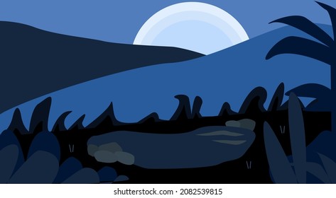 Night Nature Forest With Mountains Silhouette Landscape