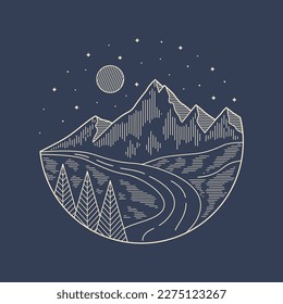 Night in the nature graphic illustration vector mono line art t-shirt design