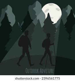 
Night Nature landscape can used travel agency banner, poster, flyer. Hiking Travel design with Mountains and walking person silhouette. Vector illustration with Abstract in asian style.