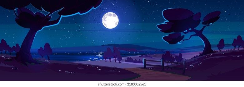 Night Nature Landscape With Forest Trees, Road, Lake And Field Under Full Moon Shining In Starry Sky. Cartoon Rural Background, Mysterious Scenery View With Countryside Twilight, Vector Illustration