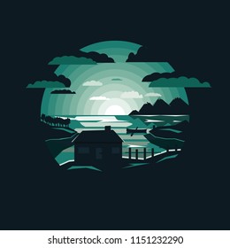 Night nature landscape with house by the lake,boat moon and mountain.Negative space.Flat design