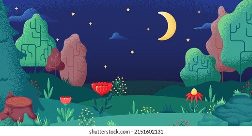 Night nature landscape. Midnight forest in dark scenery. Dream with moon and stars on sky, flowers and trees. Textured swanky garden vector background