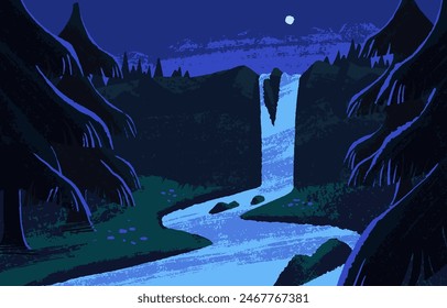 Night nature landscape in moonlight. Moon light in evening sky above mountains waterfall, river. Dark silhouettes of forest, trees. Water falls from rock panorama view. Flat vector illustration