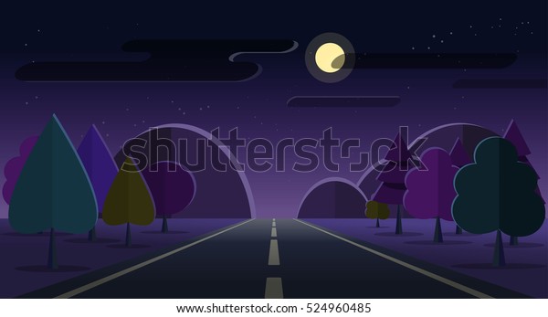 Night\
nature landscape road view, mountains, forest and full moon in\
cloud stars sky vector illustration, cartoon flat style night\
lights dawn scene and highway, twilight\
skyline