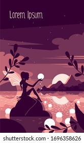 Night nature vector landscape. Little pixie girl sits on a stone. Summer fairy tale view. Beautiful luminous balls floating on the sea. Can be used for banner, gift card, flyer, poster, book cover.