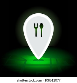 Night navigation eatery pin glowing in the darkness over block map