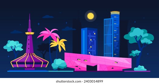 Night neon buildings of Israel - modern colored vector illustration with Tel Aviv Museum of Fine Arts, Eilat Underwater Observatory and Azrieli Center Mall panorama. Travelling and landmarks idea