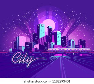 Night neon city, bridge going to skyscrapers, road inland , vector horizontal illustration