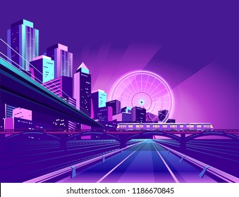 Night neon city, bridge going to skyscrapers, road inland vector horizontal illustration