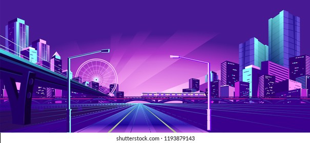 Ciudad neón nocturna, puente que va a rascacielos, carretera interior , ilustración horizontal vector