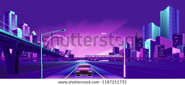 Night neon city, bridge\
going to skyscrapers, road inland with car, vector horizontal\
illustration
