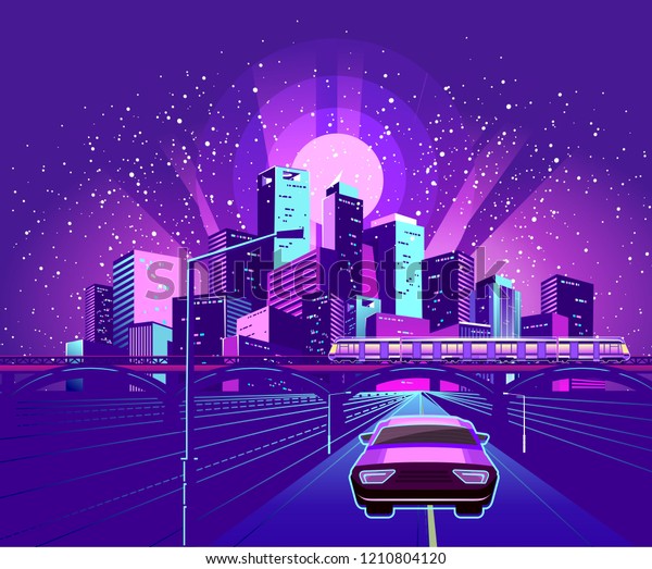 Night\
neon city, car rides along the road, on the bridge high-speed\
subway train, urban transport, vector\
illustration
