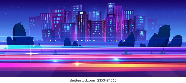 Night neon city light on speed car road vector background. Fast line motion effect on abstract cityscape view. Metaverse technology urban landscape. 5g network speedway power illustration scene