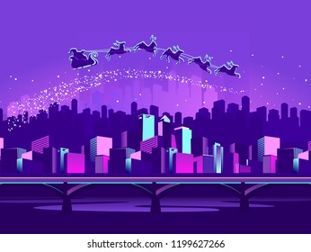 Night neon city, Santa Claus riding over the sky with reindeers on Christmas night, vector horizontal illustrator