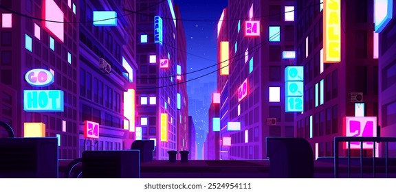 Night neon downtown city street with signboard on building perspective view. Abstract future cityscape road game panorama. 2d cyber futuristic metaverse district environment. Anime skyscraper banner