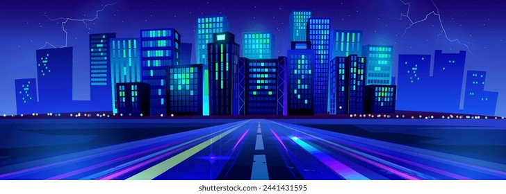 Night neon light from future city building on road background. Perspective skyscraper street and futuristic urban highway track view. Dark modern metropolis and thunderbolt discharge trail in sky.