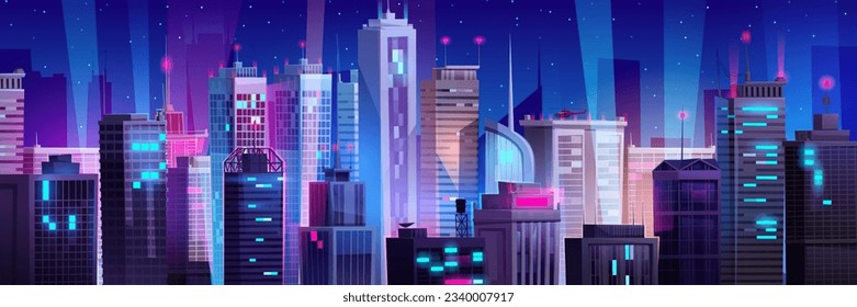 Night neon skyscraper building cityscape vector background. Future urban skyline landscape view cartoon design illustration. Abstract dark purple New York metropolis architecture panorama backdrop.