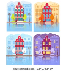 Night Netherlands houses over river.Panoramic view cityscape.Vector flat illustration.Autumn, Winter, Summer Amsterdam city skyline.Street facades of houses covered with snow.