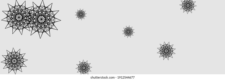Night New Year Christmas Ornamental Snow Ornament. Winter Holiday Horizontal Print Mandala Background. Dark Snowflakes Santa Winter Wallpaper. Stars Grey Chaotic Black Silver Sky Background.