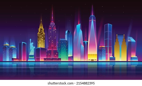 Ciudad Nueva York nocturna iluminada con luces de neón. Edificios y rascacielos modernos. Ilustración vectorial.