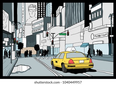 Night in New York City - illustration of Times Square, Midtown Manhattan.