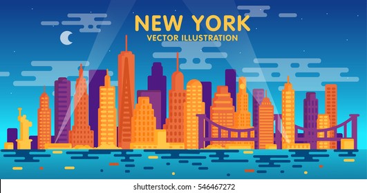 Night New York city skyline, vector illustration, flat design
