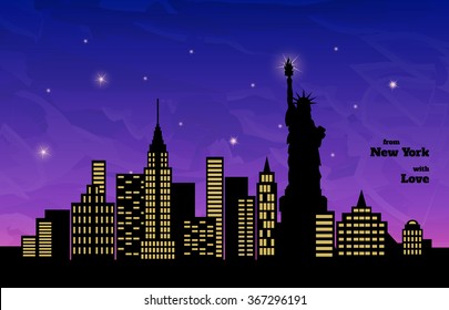 night in New York, statue of liberty, vector illustration