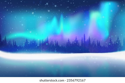 Night in the north forest with snowfall and beautiful aurora reflecting on the frozen lake, winter background illustration.