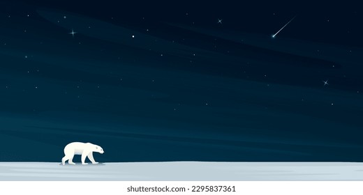 Night at North Pole have polar bear walking alone on ice with a lot of stars on the sky background. Snow landscape concept vector illustration with blank space.