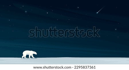 Night at North Pole have polar bear walking alone on ice with a lot of stars on the sky background. Snow landscape concept vector illustration with blank space.