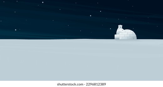 Night at North Pole with snowfall have polar bear discovering igloo. Northern arctic landscape vector illustration. Life in the north in the ice flat design.