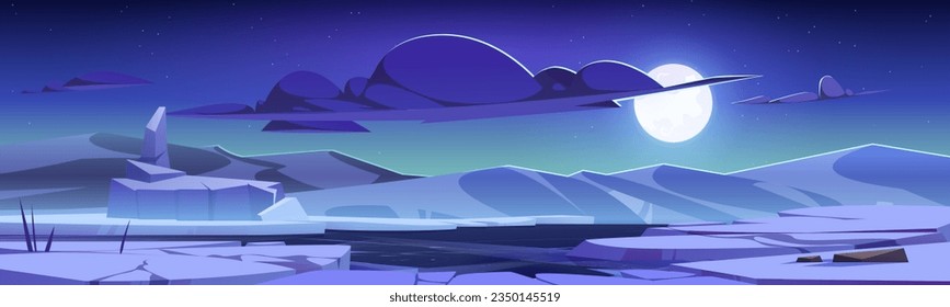 Night north pole vector landscape with full moon in sky. Cartoon dark arctic illustration with frozen water and cloud. Freeze lake and snowy hill outdoor antarctica environment for web banner svg