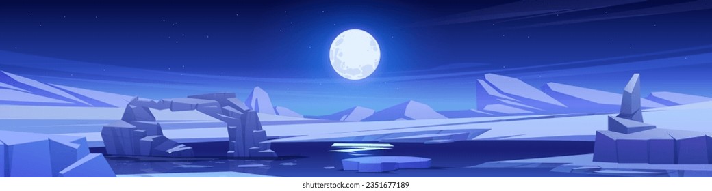Night north pole vector landscape with full moon in sky. Cartoon dark arctic illustration with frozen water and ice arch. Freeze lake and snowy hill outdoor antarctica environment for web banner svg